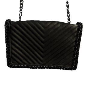 ALDO Shoulder Bag Womens Black Chevron Quilted Chain Crossbody Faux Leather